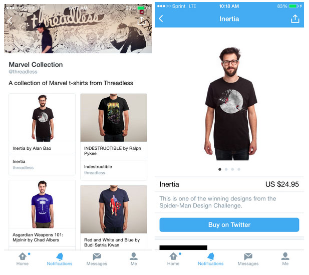 Paginas comercio en twitter de Inertia y Threadless