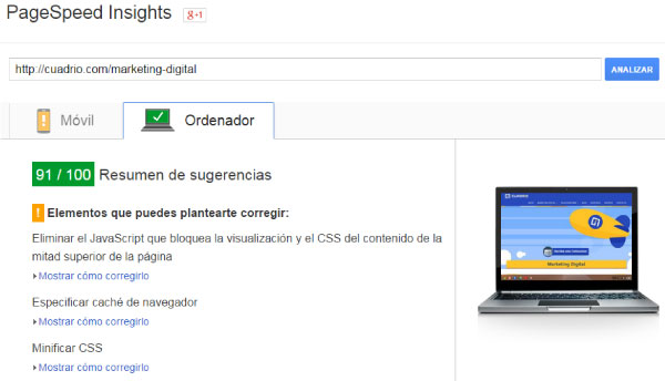 Resultados de Google speed insights.