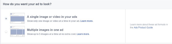 Facebook Ads: Opciones de latout para el anuncio.